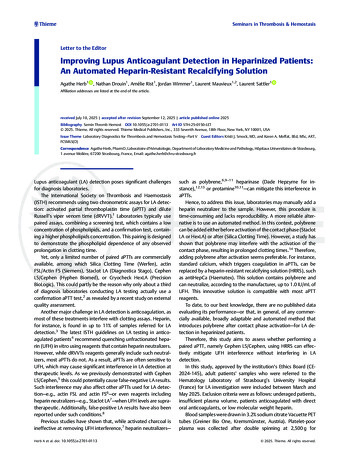 Improving Lupus Anticoagulant Detection in Heparinized Patients: An Automated Heparin-Resistant Recalcifying Solution Agathe Herb1 Affiliation addresses are listed at the end of the article, Nathan Drouin, Amélie Rist, Jordan Wimmer, Laurent Mauvieux, Laurent Sattler